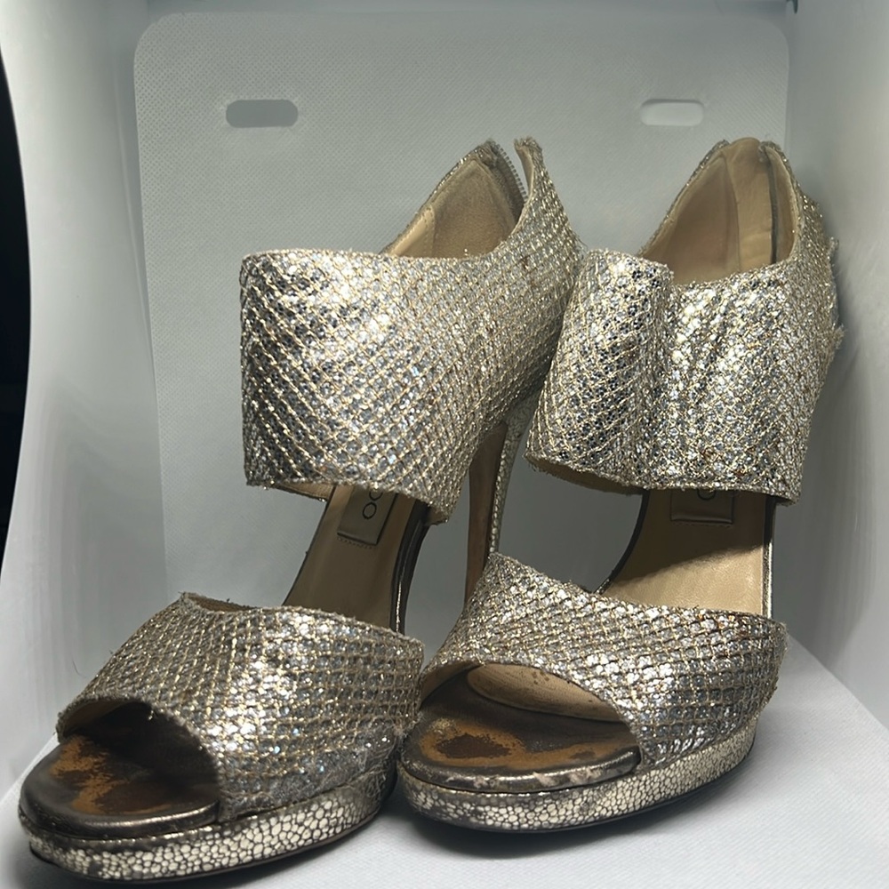 Jimmy Choo Open-Toe Glitter Ankle Boots Heels Sandals 37.5/US 7 with zipper